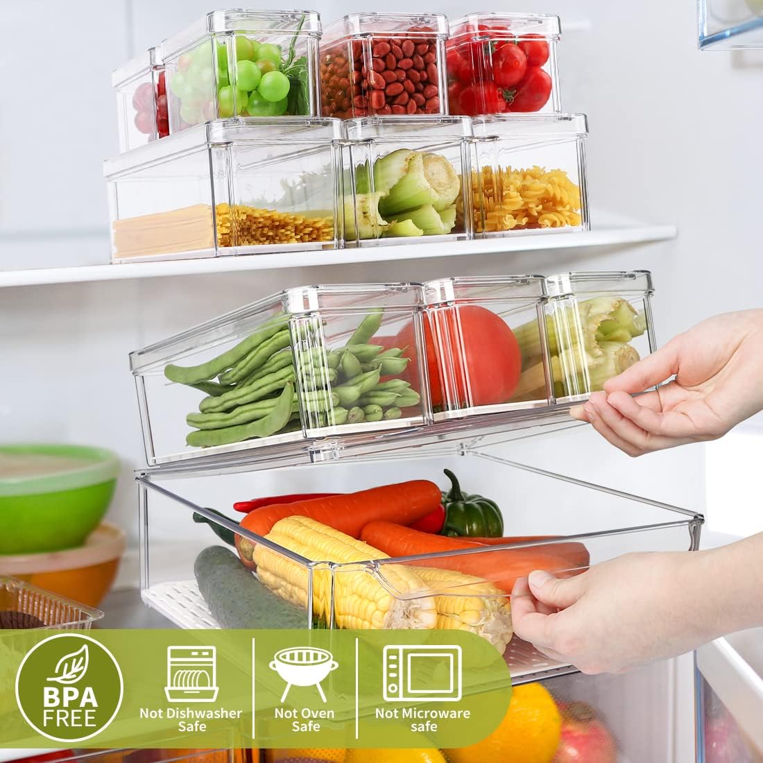 14 Pack Fridge Organizer, Stackable Refrigerator Organizer Bins with Lids PBA-Free, Clear Fridge Organizers and Storage for Kitchen, Countertops, Cabinets, Fridge, Drinks, Fruits, Vegetable, Cereals