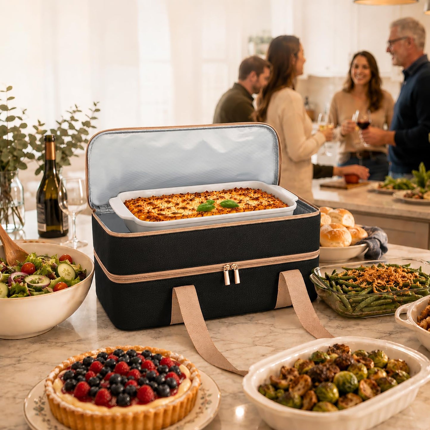 Joyfol Day Double-Decker Insulated Casserole Carrier - Casserole Dish Carrier Hot/Cold Food Tote for Potlucks, Fits 9x13 & 11x15 Pans (Handle-Free) with Heatproof Mat, Black