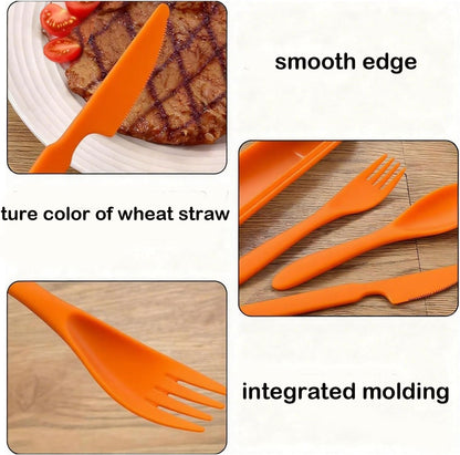 Travel Utensils Set - Reusable 5 Sets Wheat Straw Plastic Cutlery with Case, Portable Forks Spoons and Knives Set, Eco-Friendly BPA Free for Daily Use (5 Purple)