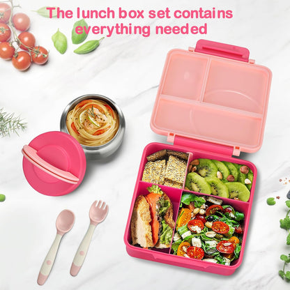 Bento Lunch Box Set for Kids with 8oz Soup Thermo, Leak-Proof Lunch Containers with 4 Compartment, Kids Thermo Hot Food Jar and Insulated Lunch Bag for Kid to School-Black