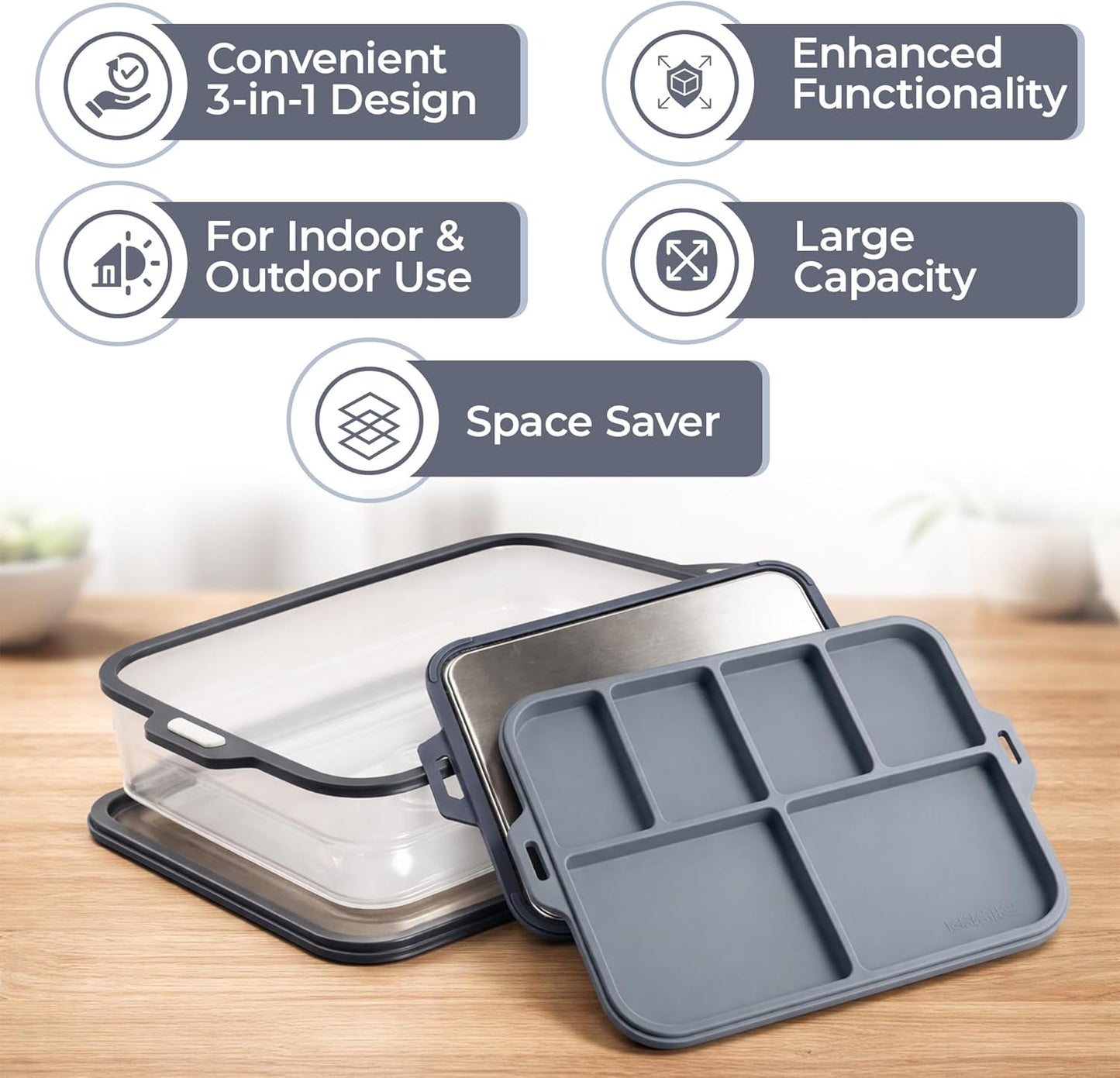 Multi-Purpose Serving and Entertaining Tray with Foldable Silicone Lid and Divided Plates, Stainless Steel Serving Set for Kitchen, Camping, BBQ and Outdoor Events