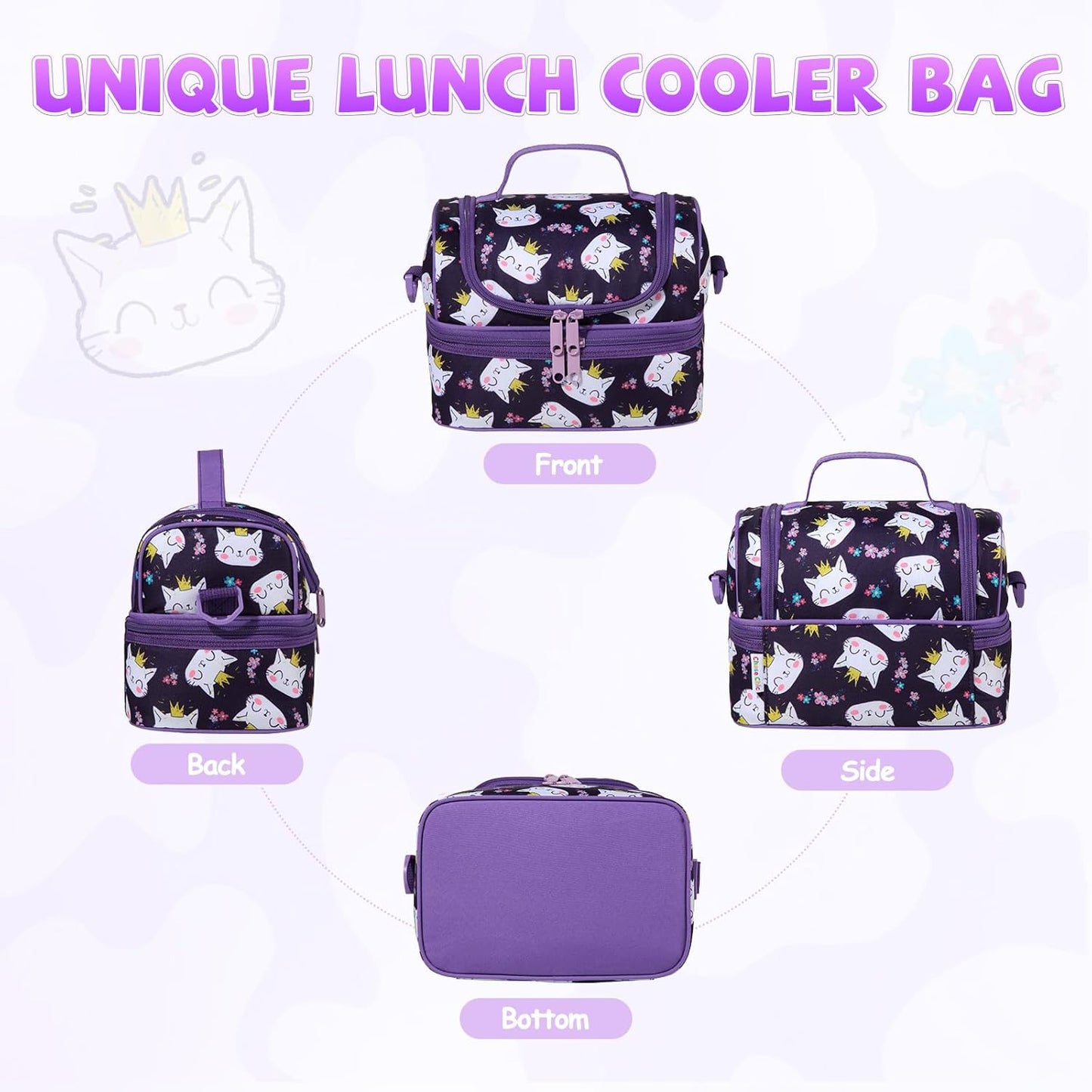Lunch Bag for Girls,ChaseChic Insulated Lightweight Lunch Boxes for Kids Boys Dual Compartment Lunch Organizer Leak-Proof Cooler Bag with Detachable Adjustable Shoulder Strap,Purple Butterflies