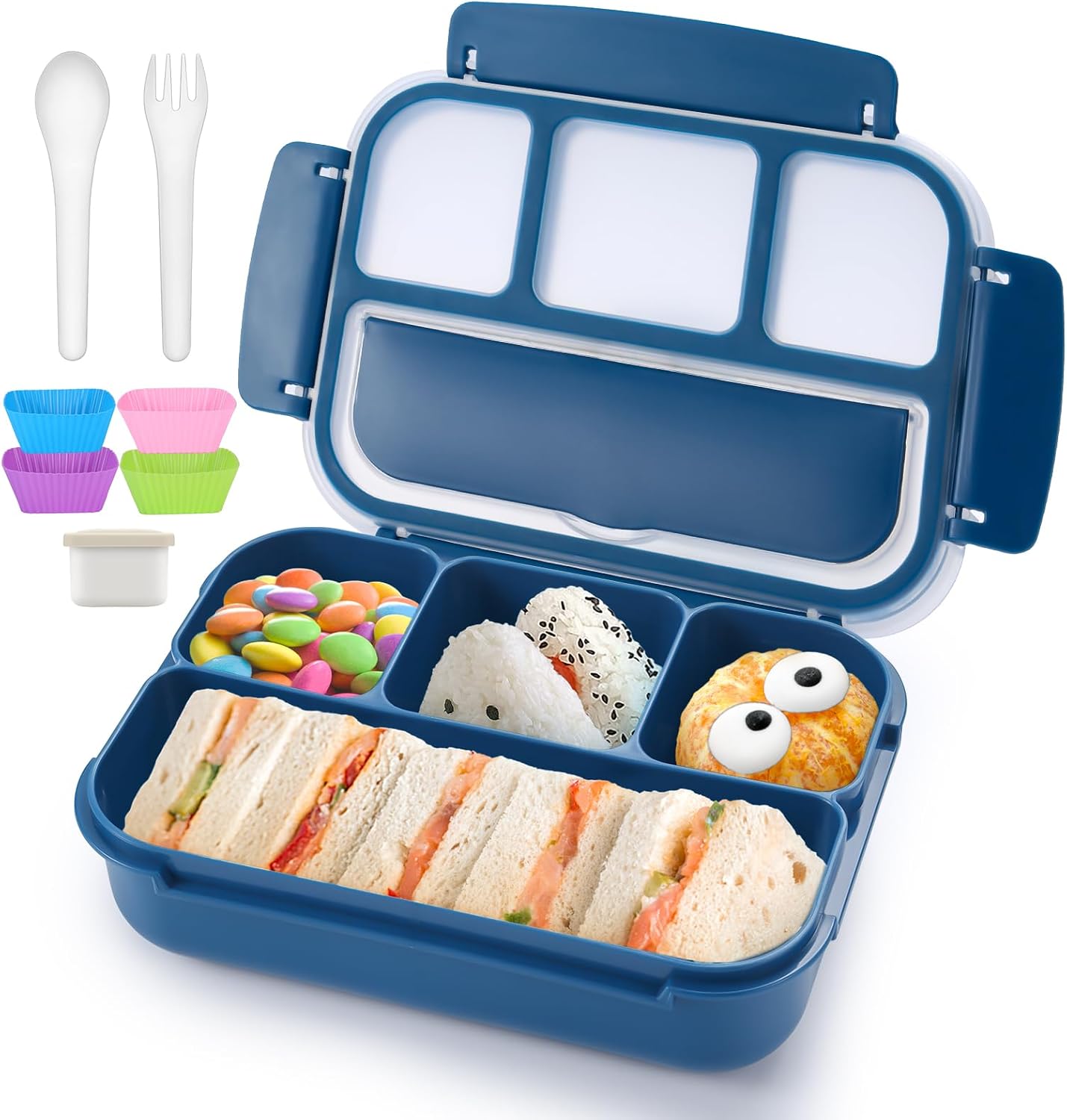 QQKO Bento Lunch Box for Kids Girls Boys, Toddler Kids Lunch Boxes for School, Lunch Containers for Adults with 4 Compartments, Sauce Container, Utensils, Food Picks and Muffin Cups, Purple