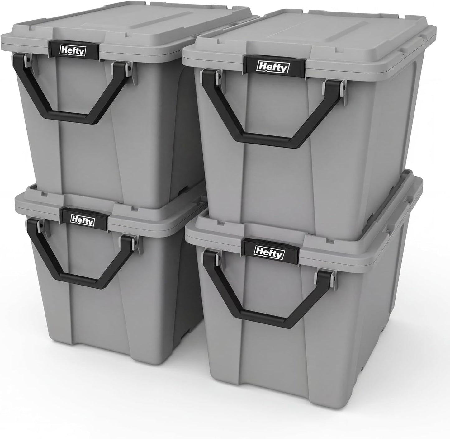 Hefty MAX Pro 28 Gallon Wheeled Storage Bins with Lids, Heavy Duty Rolling Storage Containers with Latching Handles, Stackable Plastic Totes for Garage, Moving & Outdoor Storage, 4 Pack, Gray