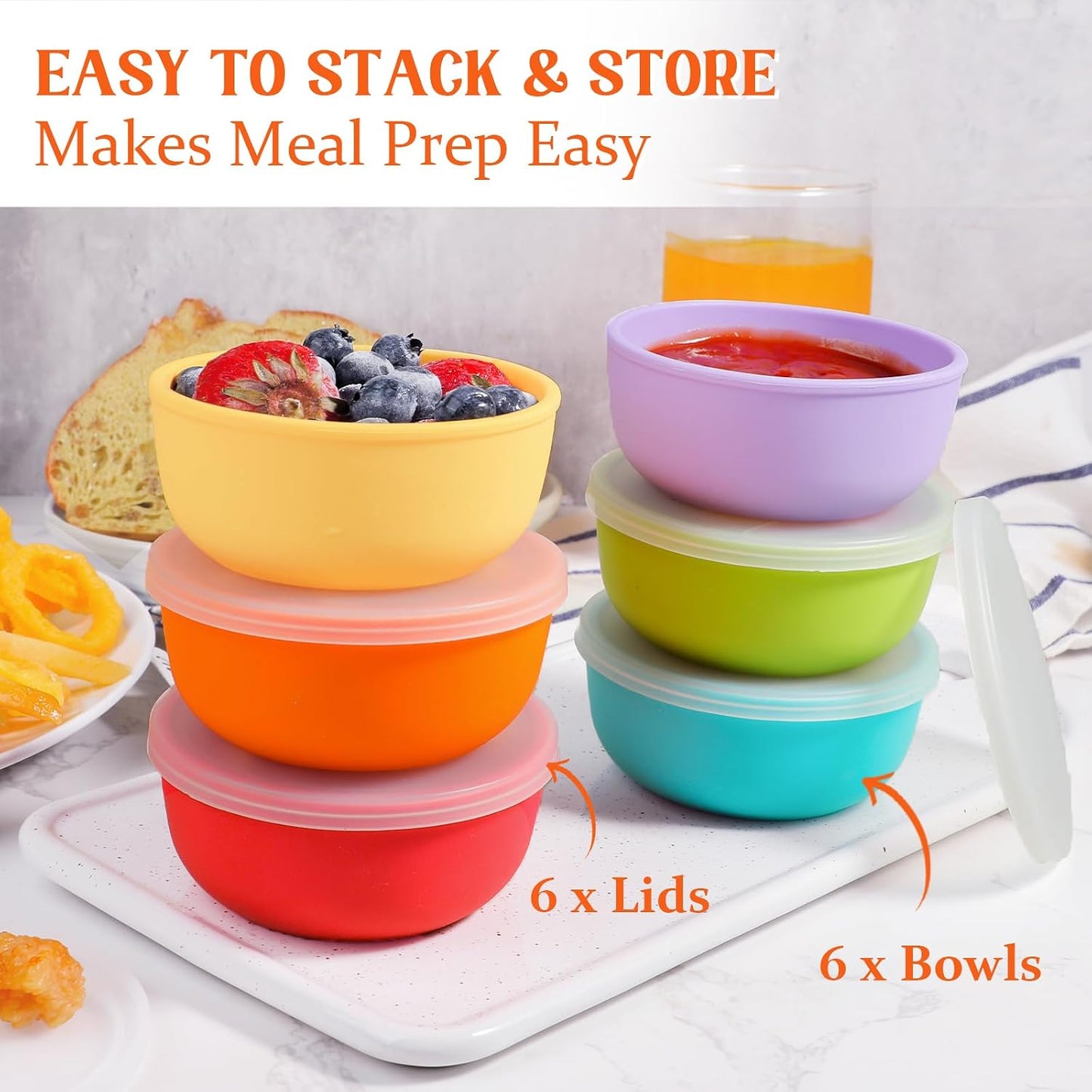 Webake 3" Silicone Pinch Bowls for Cooking Prep, 2oz Small Dipping Bowls Sauce Condiment Containers with Lids, BPA Free Set of 8