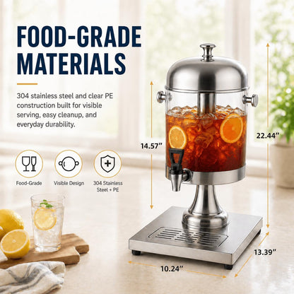 4.4 Gallon Beverage Dispenser with Ice Core | Stainless steel drink dispenser with stand and ice core for cold drinks, juice, lemonade, iced tea, parties, and events.