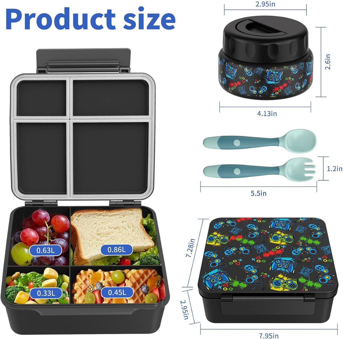 Bento Box for Kids with Thermo Food Container (9oz), 4-Compartment Lunch Box, Adjustable Divider, Leakproof Bento Lunch Box, Includes Utensils & Carry Bag for School, Office(Blue)