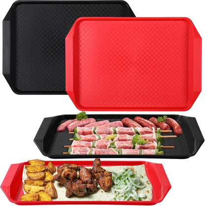 DoubleFill Set of 4 Grilling Prep and Serve Trays, 17x12 Inch 14x10 Inch Large BBQ Platter for Raw and Cooked Food Plastic Grill Tray, Black and Red Stackable Defrosting Grill Prep and Carry System