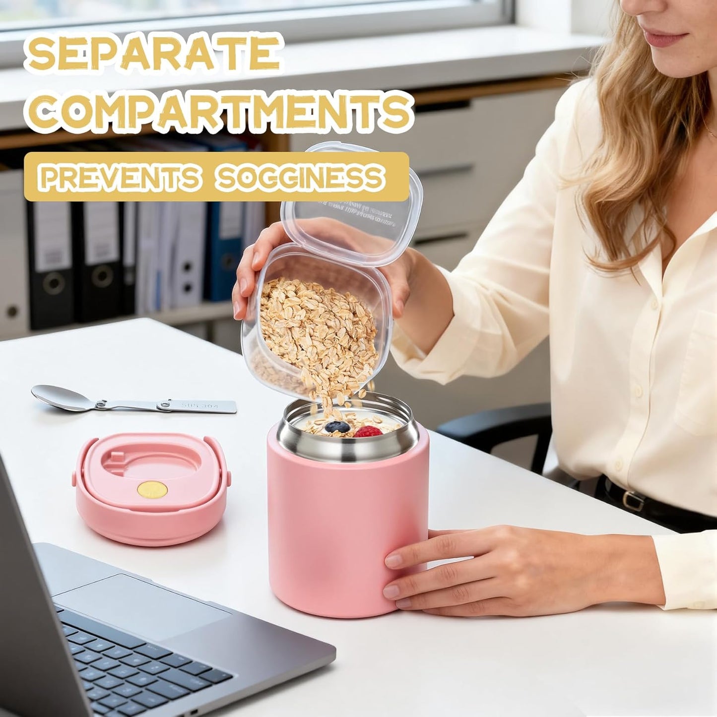 2 - in - 1 Soup Thermo for Hot Food 14oz with Snack Box Container Leak Proof Insulated Lunch Container Kids and Adults Stainless Steel Double Wall Vacuum Wide-mouth Thermal with Spoon and Handle