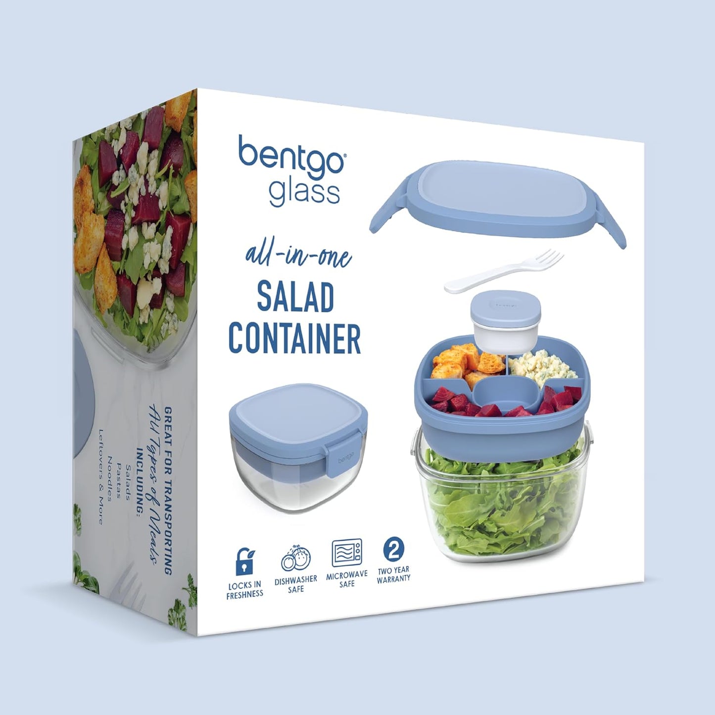 Bentgo Glass Salad Container - 7.6-Cup Salad Bowl with Airtight Lid, Leak-Proof Sauce Container, 4-Compartment Bento Tray & Reusable Fork - BPA-Free for Meal Prep, Office & More (Light Blue)