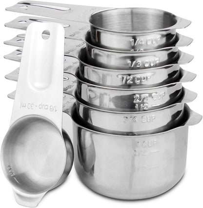 13-piece Measuring Cups and Spoons Set, 18/8 Stainless Steel Heavy Duty Ergonomic Handle with Ring Connector, Silver