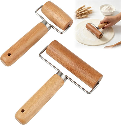 2 Pcs Small Rolling Pins with Handle Wooden Dough Roller for Baking Pizza