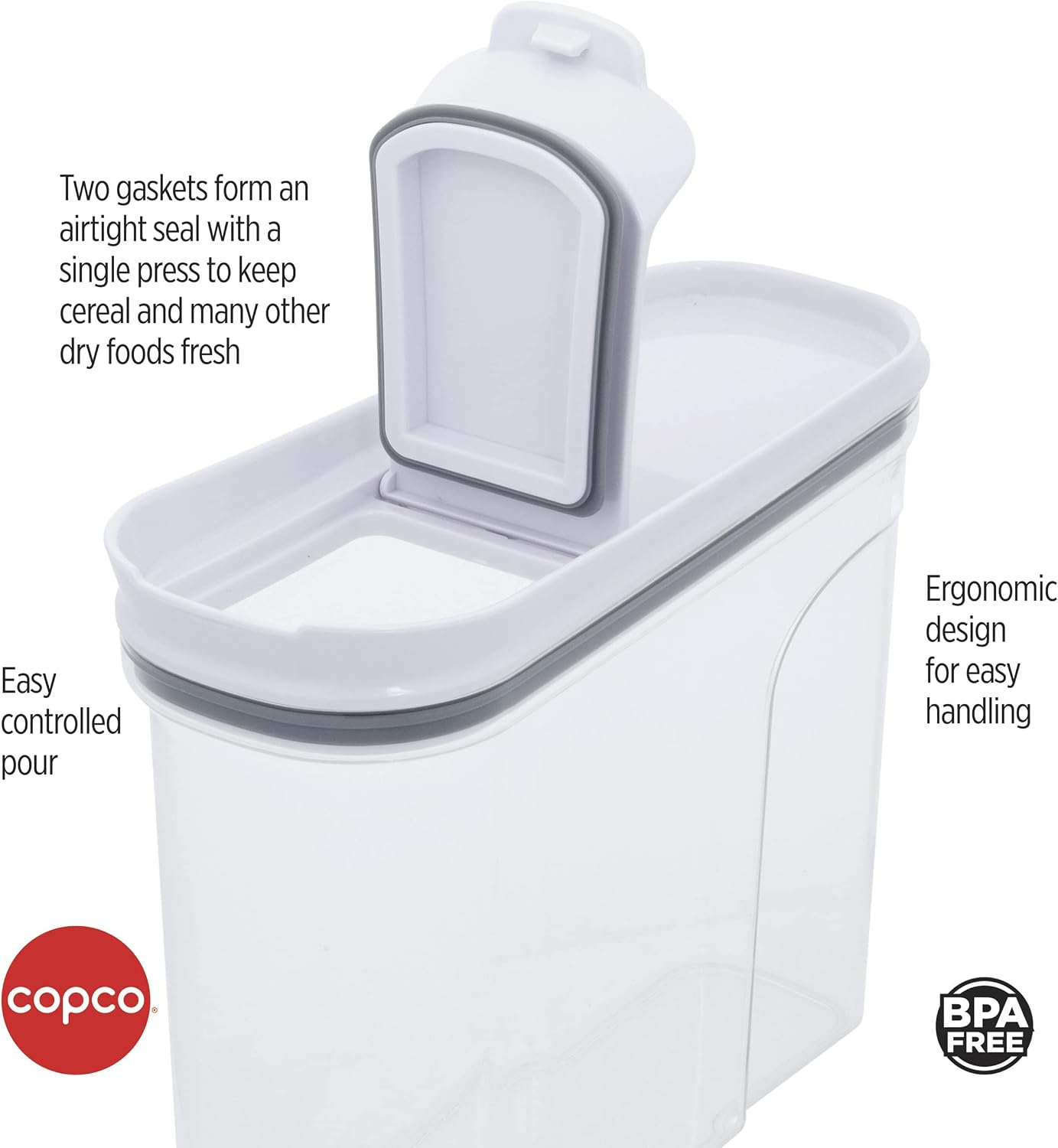 Copco Clear Cereal Storage Container 4.75 Qt - Airtight Flip-Top Lid, BPA-Free Plastic, Pantry Organizer for Dry Food, Cereal, Pasta, Nuts, Pet Food - Space-Saving Kitchen Storage Bin