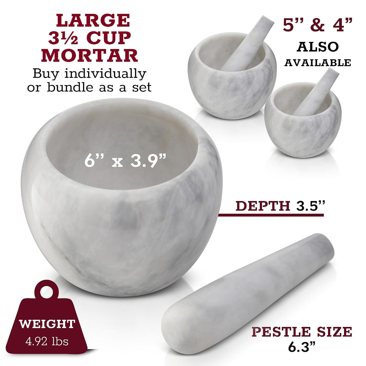 Gusto Nostro Natural Marble Mortar and Pestle Set | 5 Inch - 2.5 Cup Large Mortar Pestle Set for Grinding Herbs, Nuts, Grains | Pesto Grinding and Guacamole Stone Bowl | Marble Spice Crusher