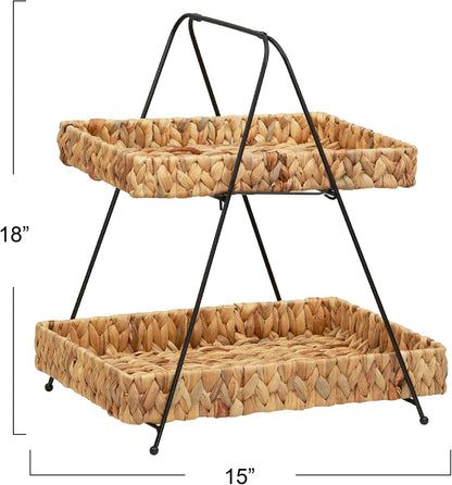 Household Essentials Artisan Water Hyacinth and Iron 2-Tier Tray Tower