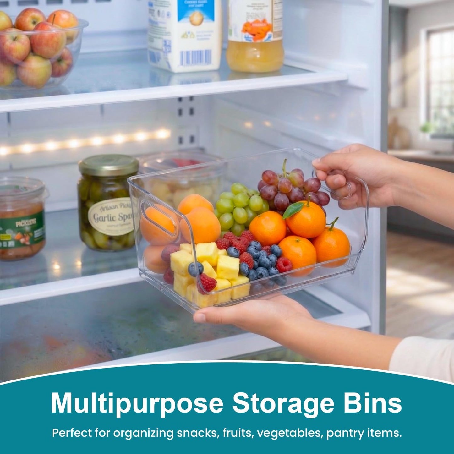 Basicwise 9-Inch Open-Front Clear Storage Bin with Easy-Grip Handle Stackable Transparent Plastic Organizer Container for Pantry Cabinet Refrigerator Drawers Closets and Shelf Organization, Medium