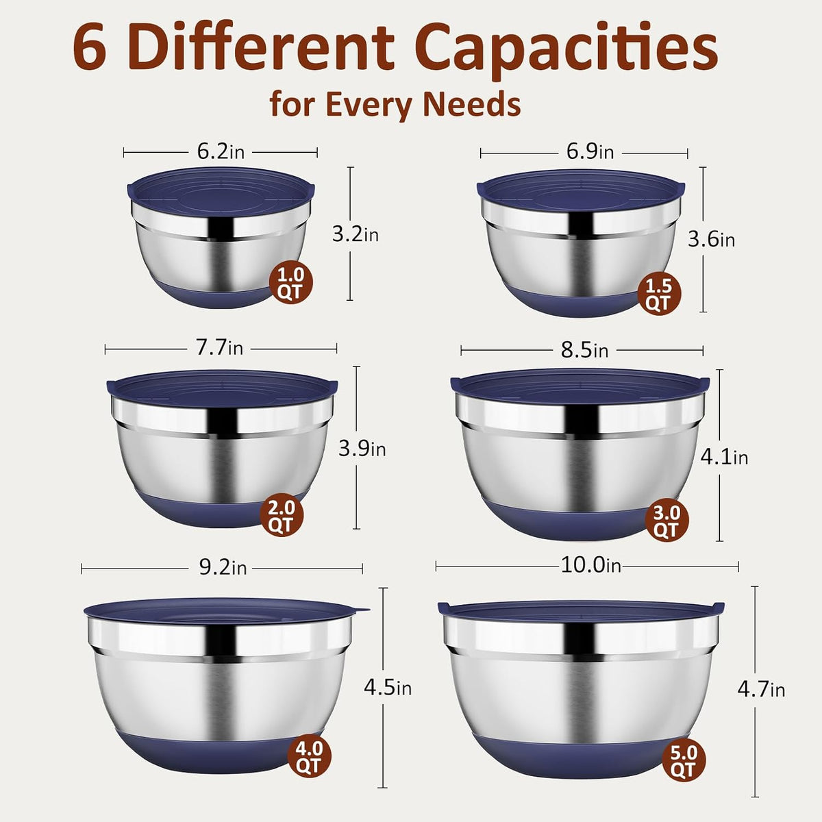 9 Pack Mixing Bowls with Airtight Lids & Grater Attachments, Khaki