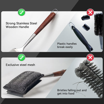 Bristle-Free Steam Cleaning Grill Brush Kit – Luxurious Long Rosewood Handle, Includes 1 Replacement Head – Safe BBQ Grill Cleaning for Outdoor Grill – Great Gift for Men/Dad