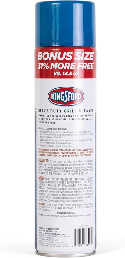 Kingsford Heavy Duty Foaming Grill Cleaner Spray, BBQ Degreaser for Charcoal & Gas Grills, Cuts Grease, Burnt-On Food & Grime, Easy Spray-On Foam for Grill Grates & Surfaces, Aerosol Can, 19 Oz