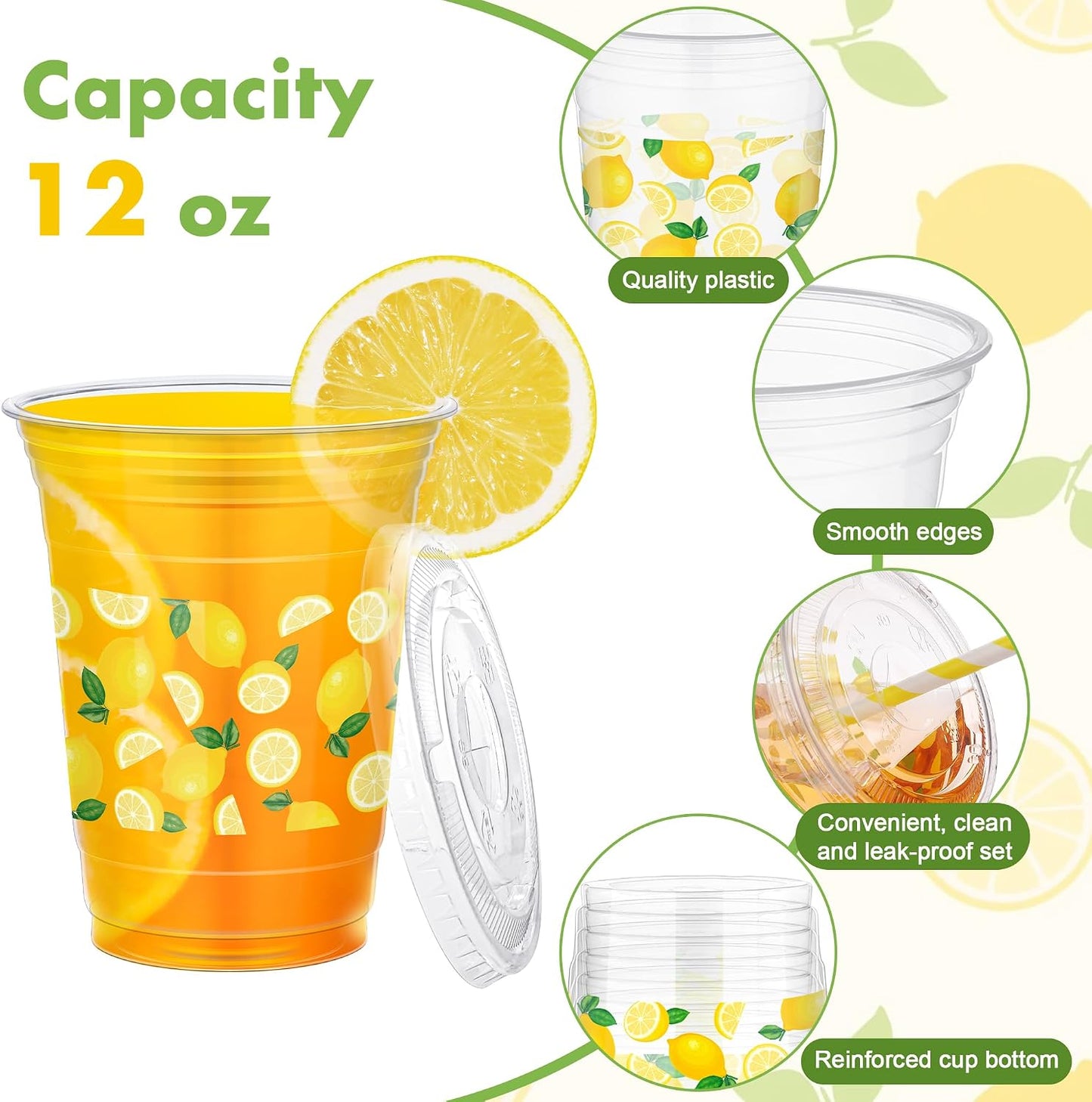 Kochorie 2 Pack 2.3 Gallon Lemonade Dispenser, Plastic Drink Dispenser with Spigot 50 Disposable 12 OZ Lemon Plastic Cups with Lid Straw for Lemonade Stand Supplies Fruit Party Drinks Tea Juice