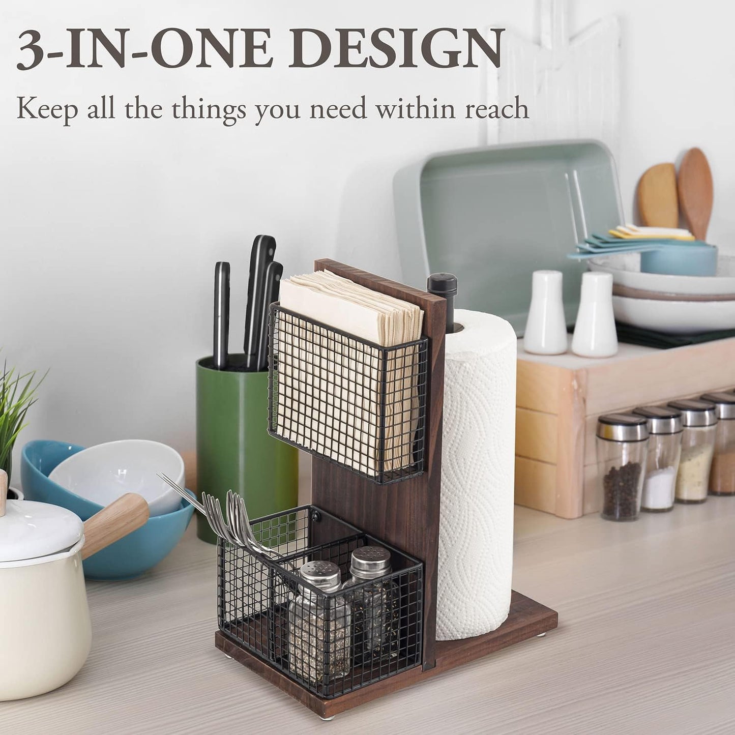 MyGift Rustic Burnt Solid Wood and Industrial Matte Black Metal Dining Combination Caddy with Paper Towel Roll Dispenser Stand, Napkin Holder, and Spice Rack