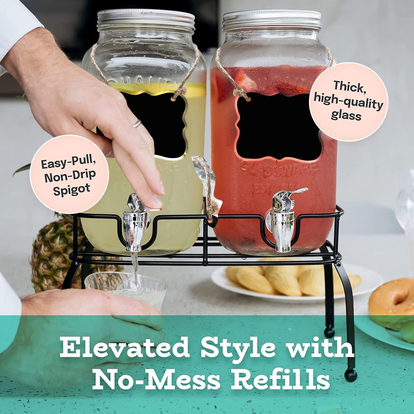 Estilo Gallon Drink Dispenser with Stand - Glass Beverage Dispenser with Stand for Weddings - Sun Tea Jar with Spigot 1 Gallon - Countertop Glass Water Dispenser for Lemonade and Parties