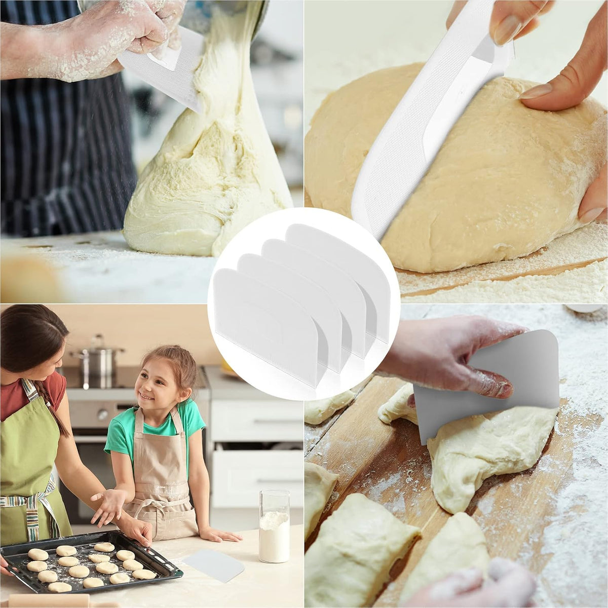 Queekay 4 Pcs Plastic Dough Scraper, Flexible Bowl Bench Scraper