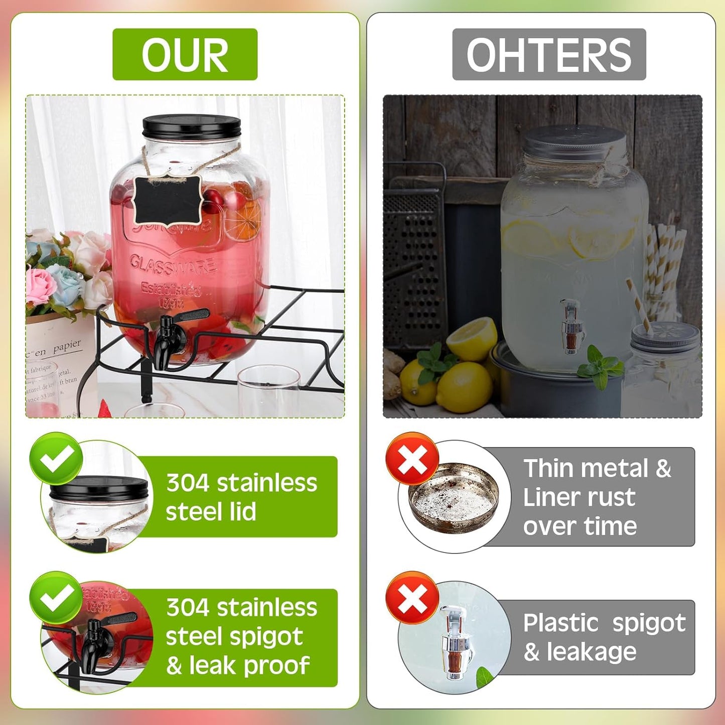 Lallisa 2 Pcs 2 Gallon Glass Drink Dispenser with Stand Ice Cylinder Hanging Chalkboard Signs 18/8 Stainless Steel Spigot Beverage Dispensers for Parties Mason Jar Drink Lemonade (Rose Gold)