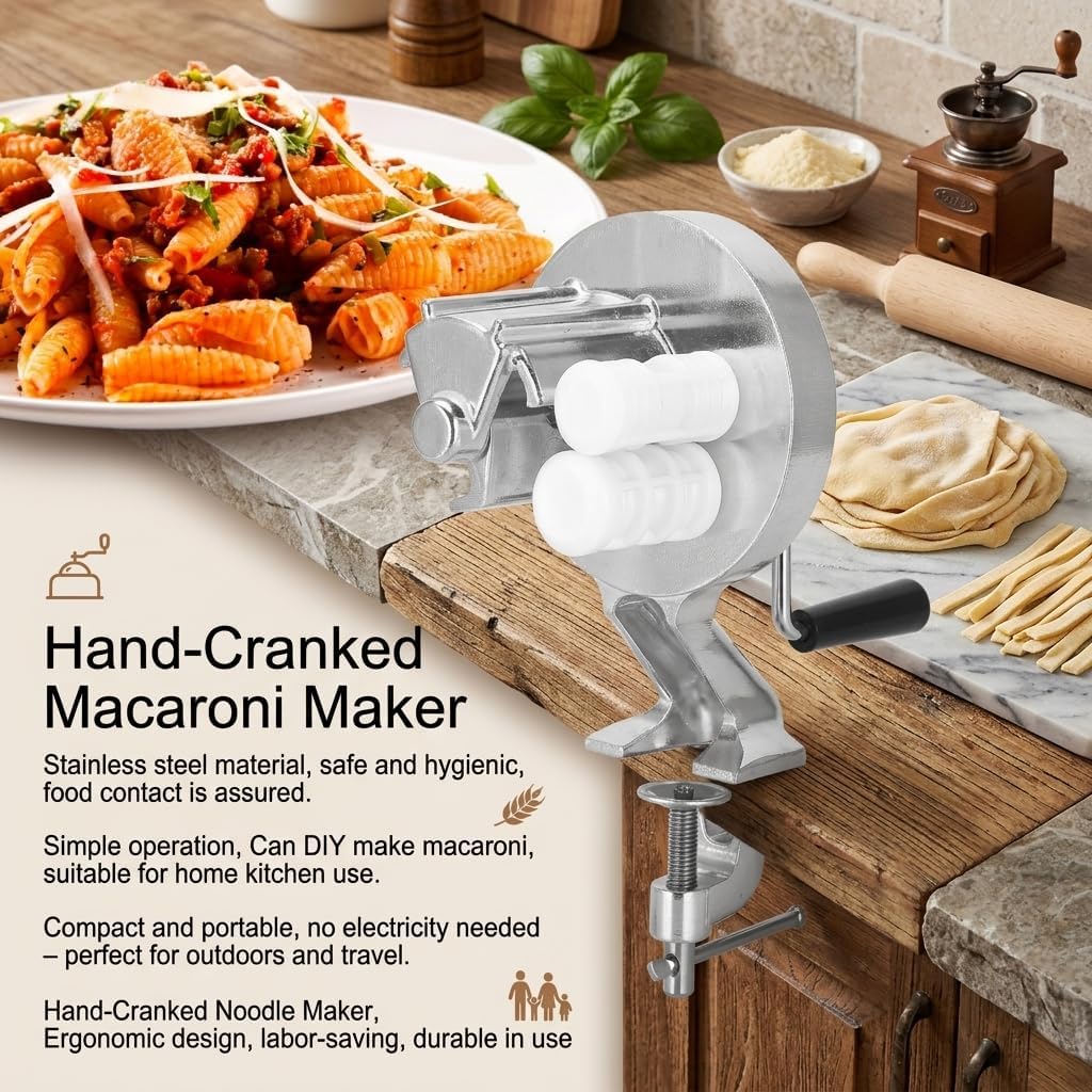 Manual Macaroni Maker, Pasta Maker Machine Pasta Maker Stainless Steel Hand Cranking Noodles Pressing Machine Kitchen Supply