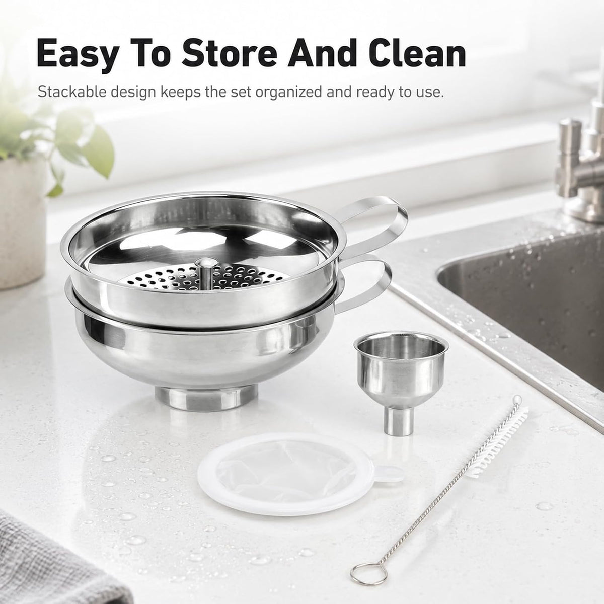 Canning Funnel with Strainer, Wide Mouth Funnel for Mason jar, Stainless Steel Canning Supplies with Cleaning Brush for Kitchen Use, 3 Pack (Small and Large)