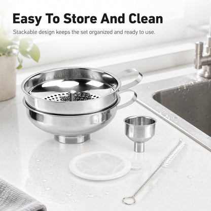 Canning Funnel with Strainer, Wide Mouth Funnel for Mason jar, Stainless Steel Canning Supplies with Cleaning Brush for Kitchen Use, 3 Pack (Small and Large)