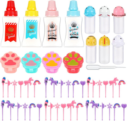50 Pcs Kids Bento Box Accessories Including Food Picks Mini Condiment Bottles Ketchup Squeeze Bottles, Mini Soy Sauce Container with Funnel for Kids School Bento Camping Office Accessories (Animal)