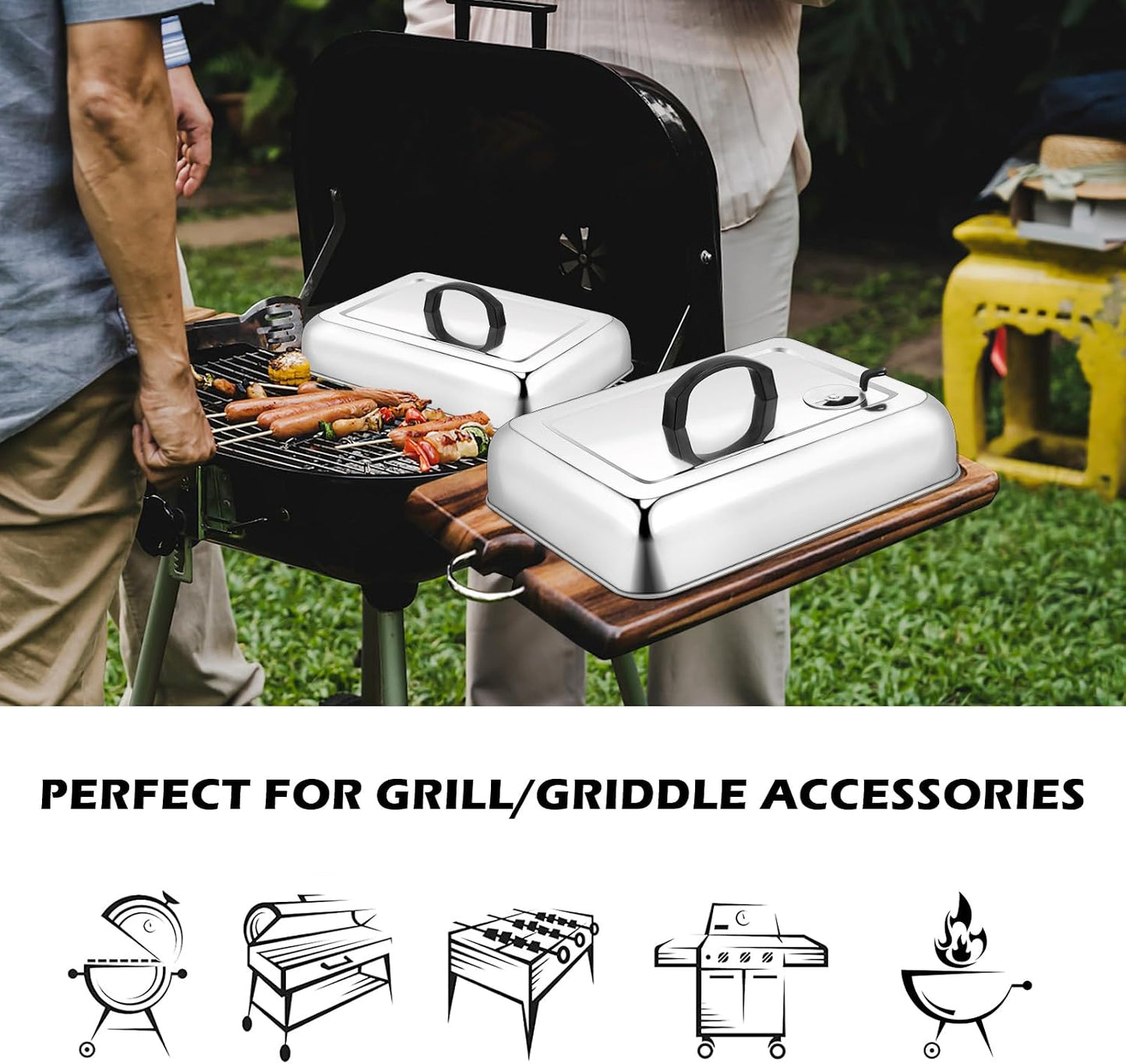 Leonyo 13 x 9 Inch Rectangular Basting Cover Set of 2, Stainless Steel Cheese Melting Dome Lid with Adjustable Vent Heavy Duty for Outdoor&Indoor Flat Top Griddle Accessories Teppanyaki BBQ Grilling