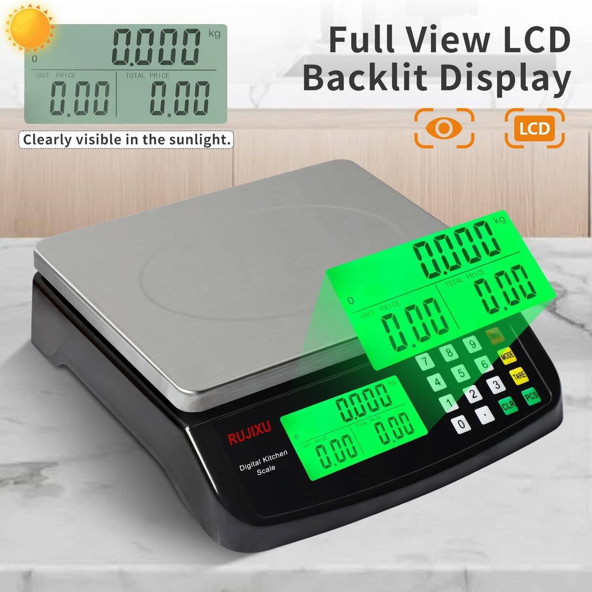 Large Digital Kitchen Scale 30KG Commercial Food Scale 66LB for Baking Bread Meat Stainless Steel Price Computing Scale LCD Display,Prep Counting Scale for Parts and Coins Adapter Included