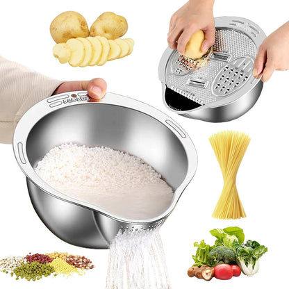 Rice Washer Strainer Bowl with Grater, Multipurse Stainless Steel Rice Colander with Side Drainer for Cleaning Quinoa, Fruits, Vegetables, Bean Versatile Kitchen Tool