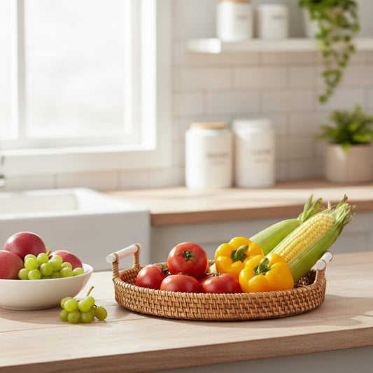 Hand Woven Rattan Basket with Wood Handle, Open Weave Storage Bin for Countertop Organization, Produce, and Home Decor