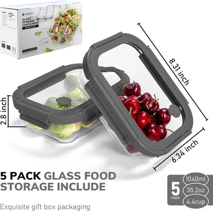 5-Pack Borosilicate Glass Containers with Tempered Lids, 35.2oz/4.4 Cup Airtight Meal Prep Set, Microwave/Freezer Safe (Gray)