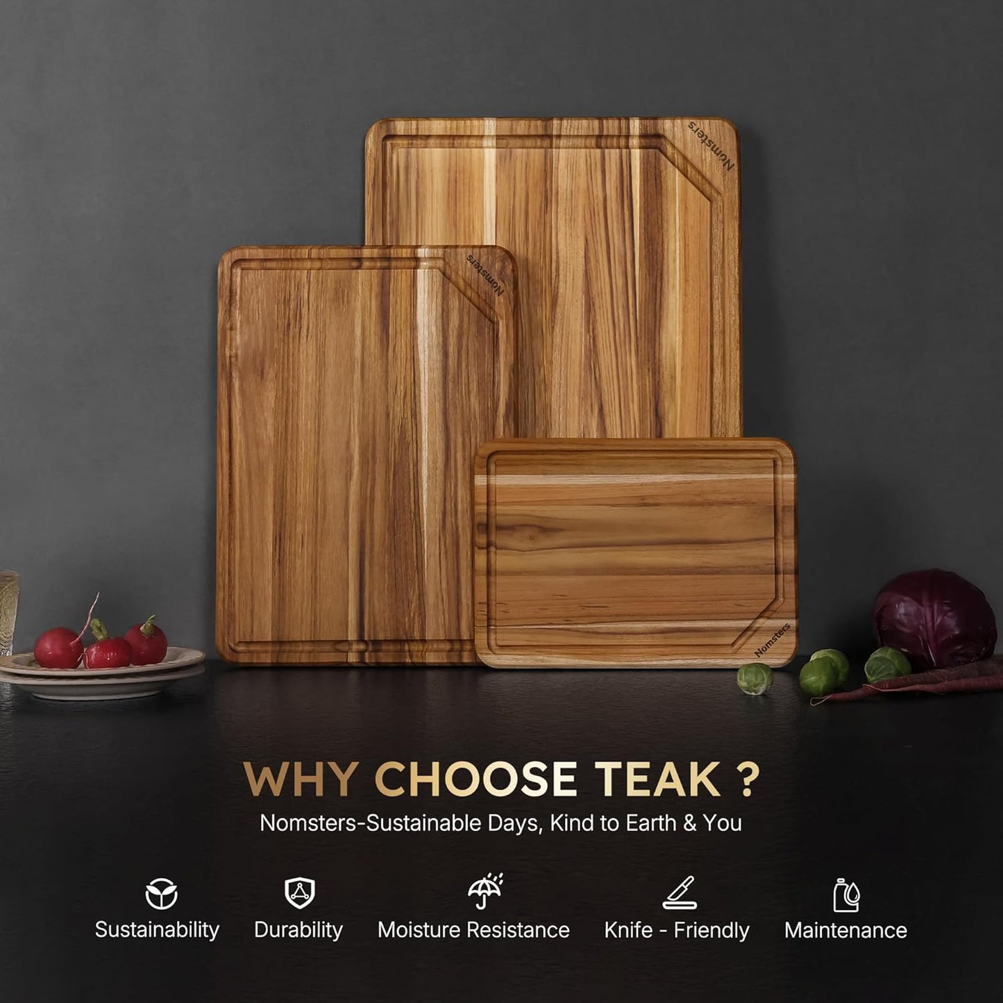 3 Pack Teak Wood Cutting Board Set with Holder Non Slip Over Sink Wooden Chopping Board for Fresh Meat Vegetable Thick Haus Perfect for Charcuterie Juice Groove Kitchen Accessories - FSC Certified