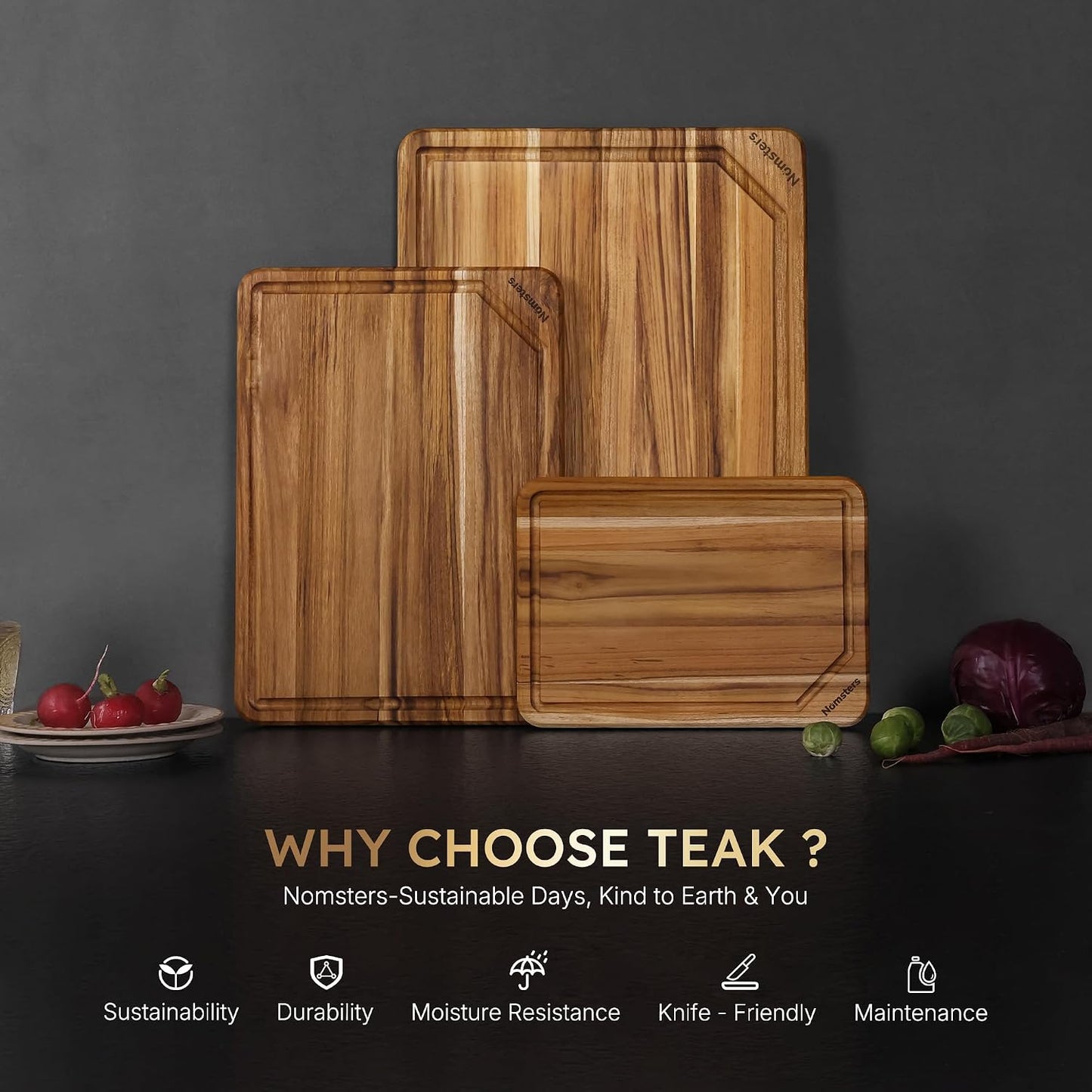 3 Pack Teak Wood Cutting Board Set with Holder Non Slip Over Sink Wooden Chopping Board for Fresh Meat Vegetable Thick Haus Perfect for Charcuterie Juice Groove Kitchen Accessories - FSC Certified