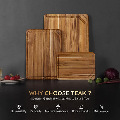3 Pack Teak Wood Cutting Board Set with Holder Non Slip Over Sink Wooden Chopping Board for Fresh Meat Vegetable Thick Haus Perfect for Charcuterie Juice Groove Kitchen Accessories - FSC Certified