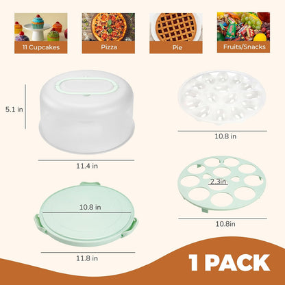 NPLUX Green Cake Containers with Lids Round Plastic Cupcake Holders 4-in-1 Multipurpose Cake Carrier Holder for 11 Inch Cake Pies Cupcake Eggs Fruit or Snack Transport