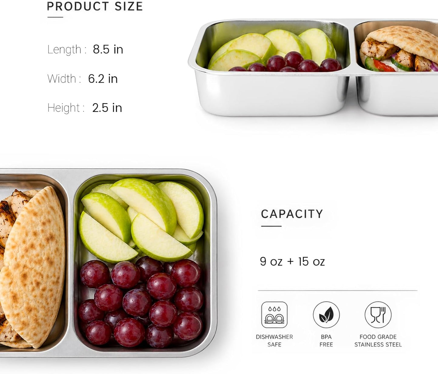 3 Pack Stainless Steel Snack Container, 3- Compartment Lunch Container with Lid, Reusable Food Storage Box for Snacks & Meal Prep (650ml / 22oz)