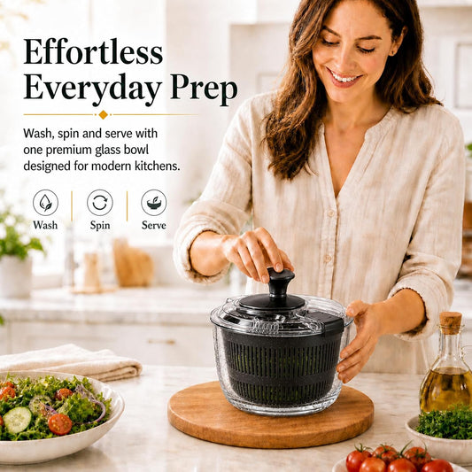 Glass Salad Spinner 3.2 Qt, Small Salad Spinner with Glass Bowl Removable Lid for Easy Cleaning Dishwasher Safe Glass Bowl Vegetable and Fruit Washer Dryer with Drain Spout Crank Handle White