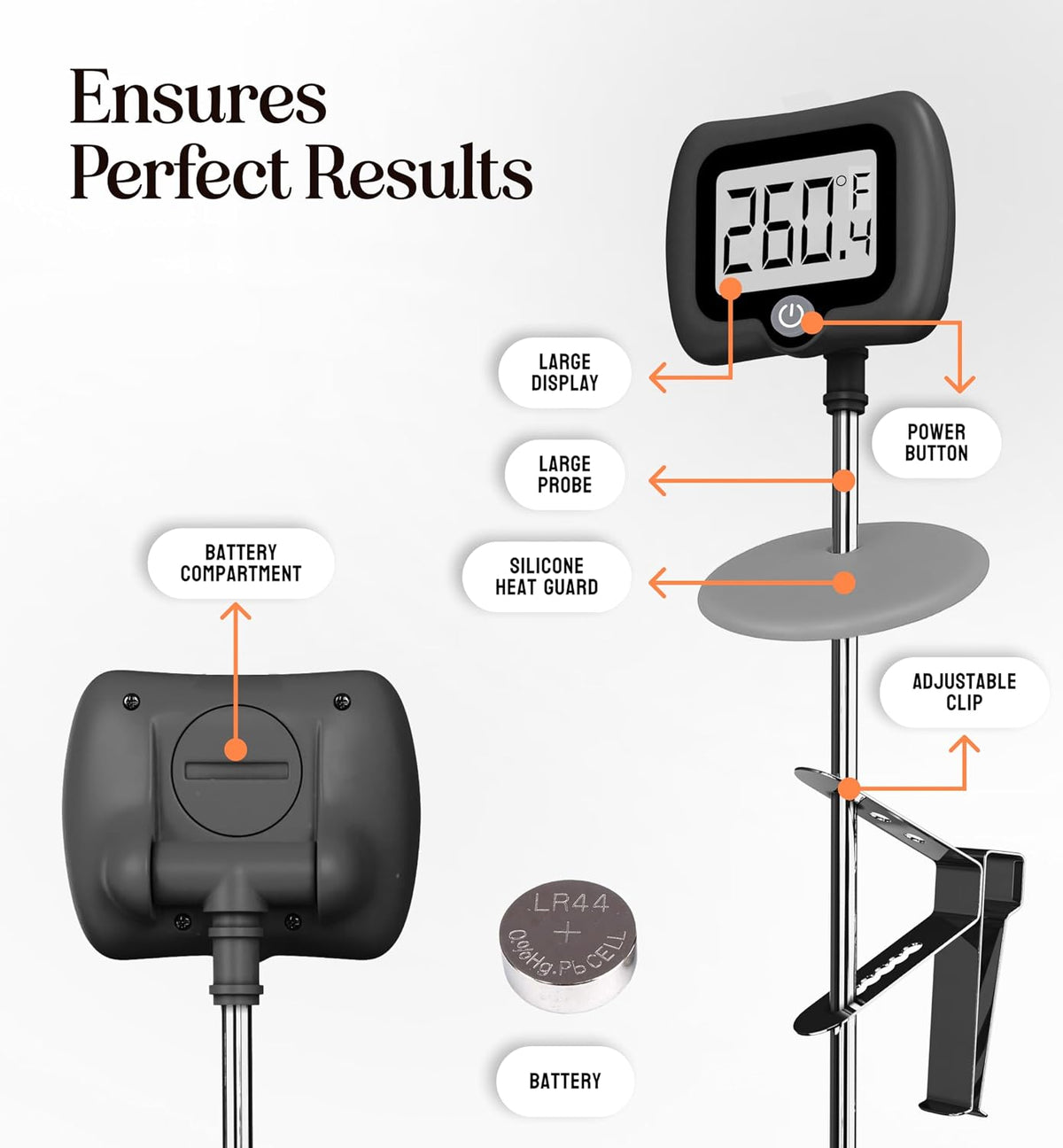 Digital Candy Thermometer with Pot Clip, 10" Long Stainless Steel Probe, Instant Read Kitchen Thermometer for Cooking, Baking, and Candy Making