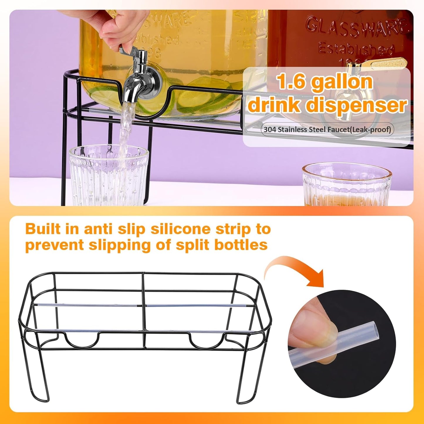 1.6 gallon Glass Beverage Dispenser with Stand, 2PACK Lemonade Dispenser with Spigot Stainless Steel, Drink Dispensers for Parties,Picnic,Weddings(Golden)