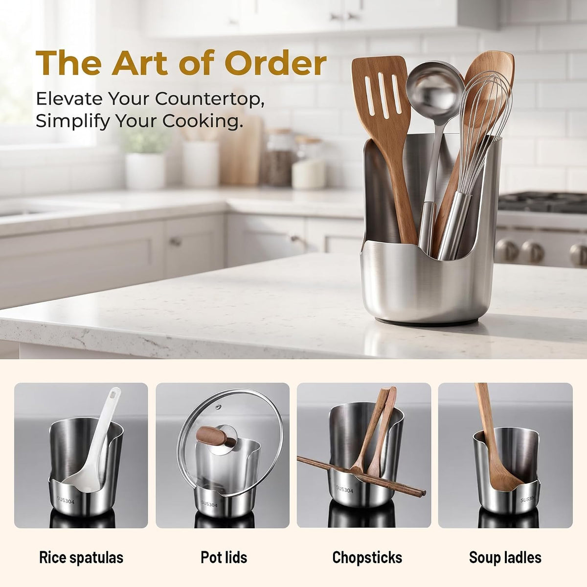 Pot Lid Holder and Spoon Rest, 304 Stainless Steel Kitchen Utensil Holder