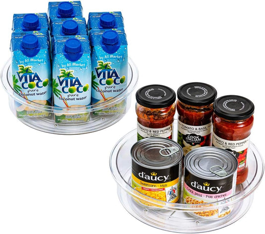 Slideep Lazy Susan Plastic Turntable Divided Spinner for Kitchen Cabinet, Pantry, Fridge, Cupboard, Counter Organizing Fully Rotating Organizer for Food, Spices, and Condiments, 11.5" Clear - 2 Pack