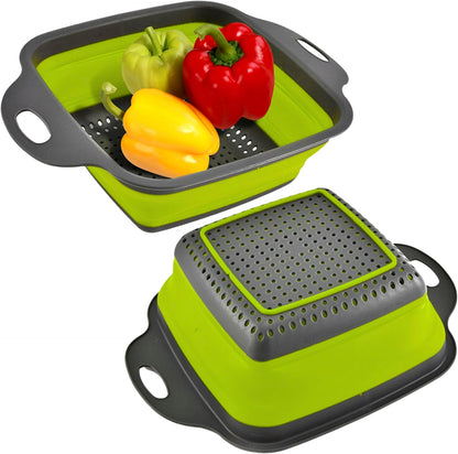 3PCS Green Foldable Kitchen Strainer Set – Silicone Colander Collapsible Strainers and Colanders Green Collander for Kitchen Collapsible Compact Drain Tools for Cooking Prep