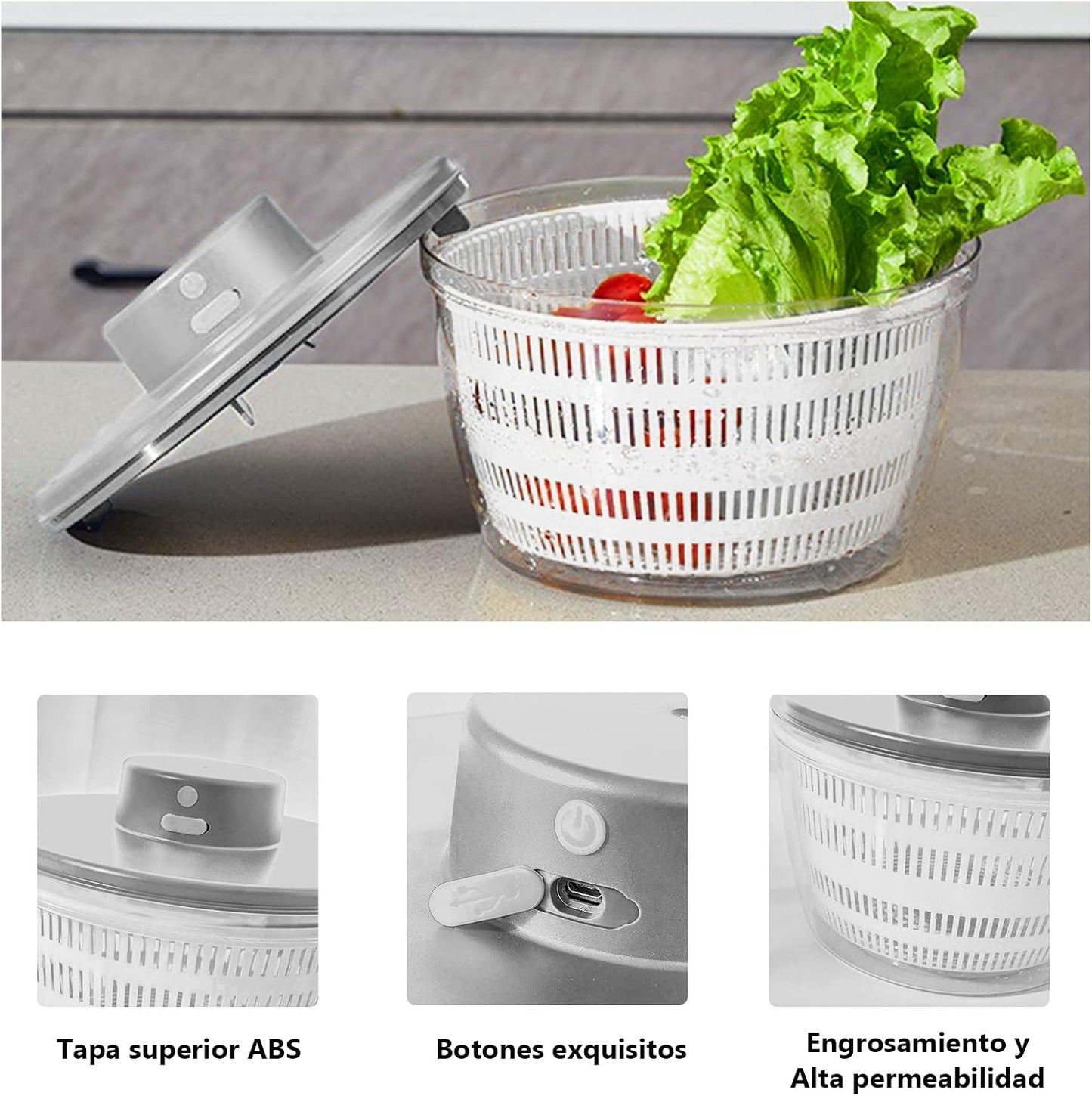 Electric Salad Spinner, 4L Lettuce Spinner Large Capacity USB Chargeble Fruit Vegetable Washer Dryer for Home Kitchen (Gray)