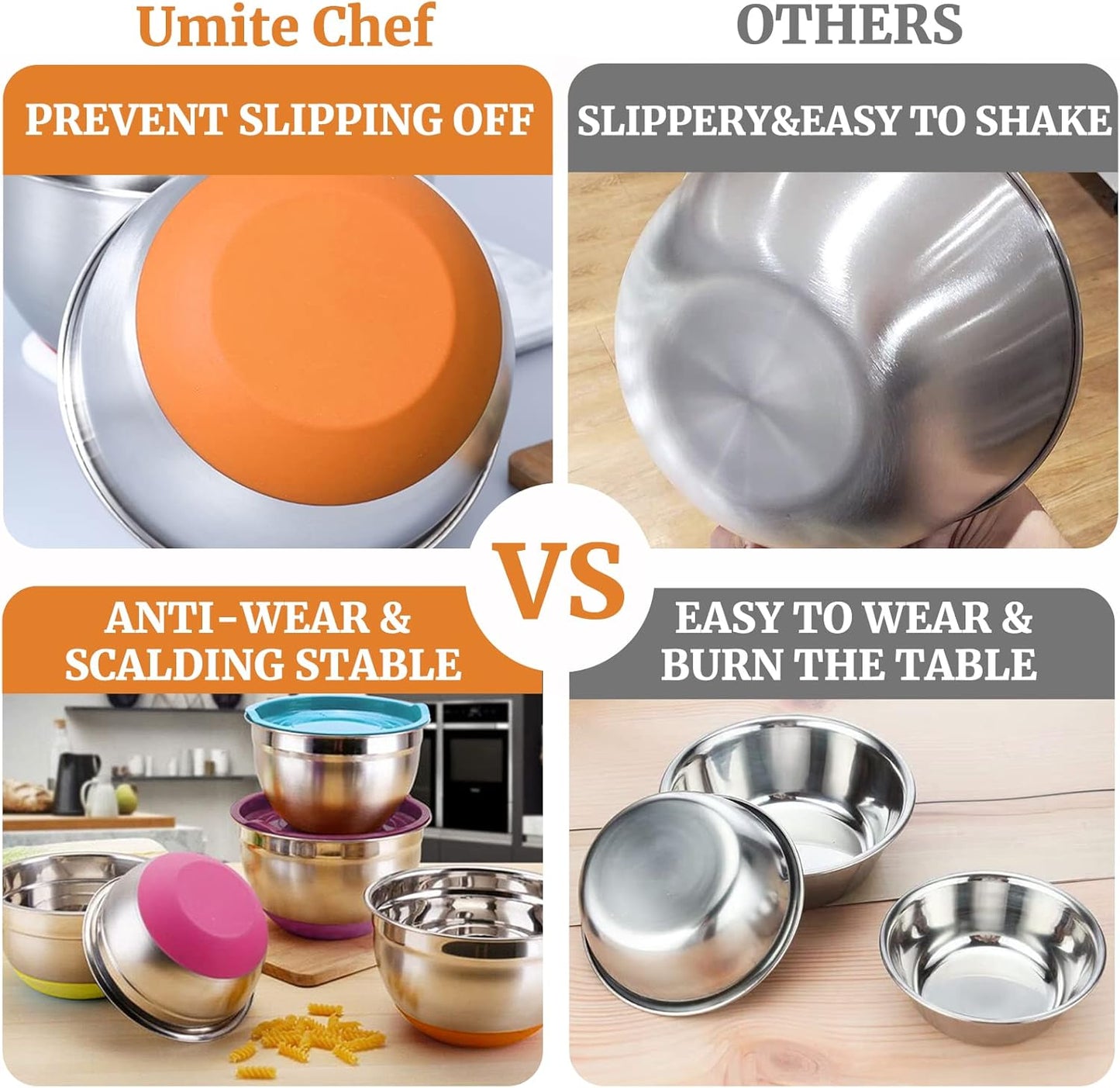 Umite Chef Mixing Bowls with Airtight Lids, 6 piece Stainless Steel Metal Nesting Storage Bowls, Non-Slip Bottoms Size 7, 3.5, 2.5, 2.0,1.5, 1QT, Great for Mixing & Serving (Khaki)